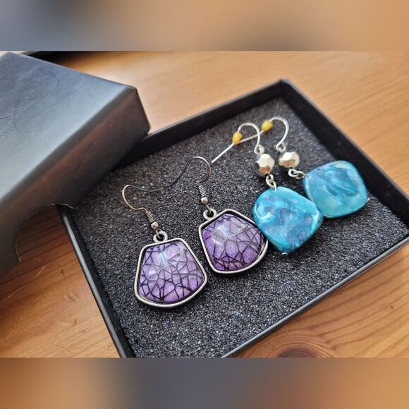 Gemstone Earrings Mother of Pearl Turquoise Purple Eclectic Dangle Set of Two - Picture 4 of 5